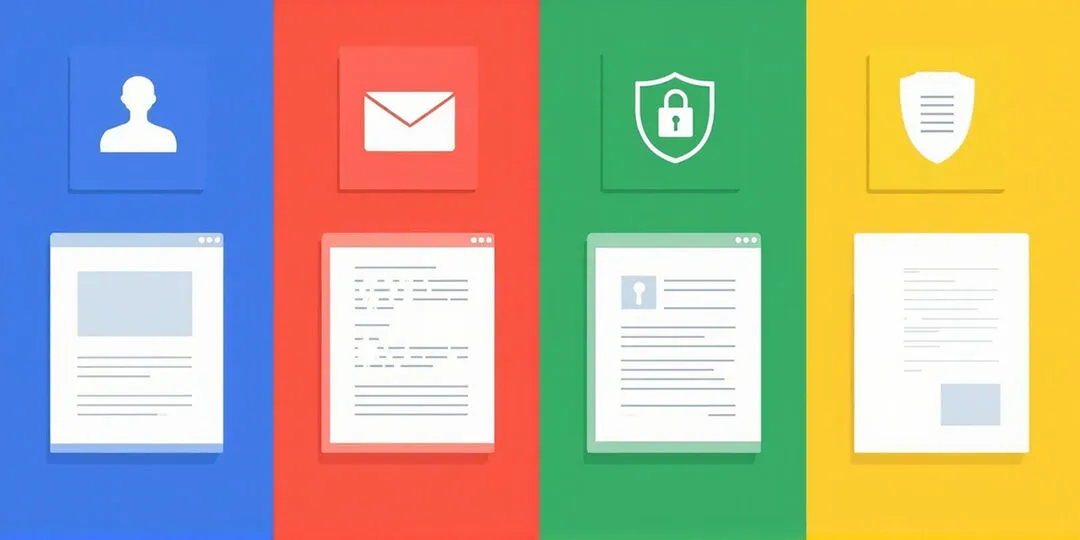 A 2x2 grid showing 4 mini-mockups of about, contact, privacy, and terms pages with green check or red x annotations next to each.